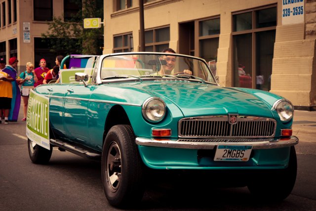 Brian Shekleton drives the Marion Greene MG car at Twin Cities Pride.